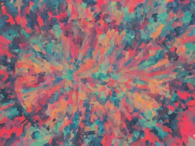 Composizione astratta dai toni vivaci con pennellate rosa, turchesi, arancioni e viola che si irradiano dal centro in un effetto dinamico.