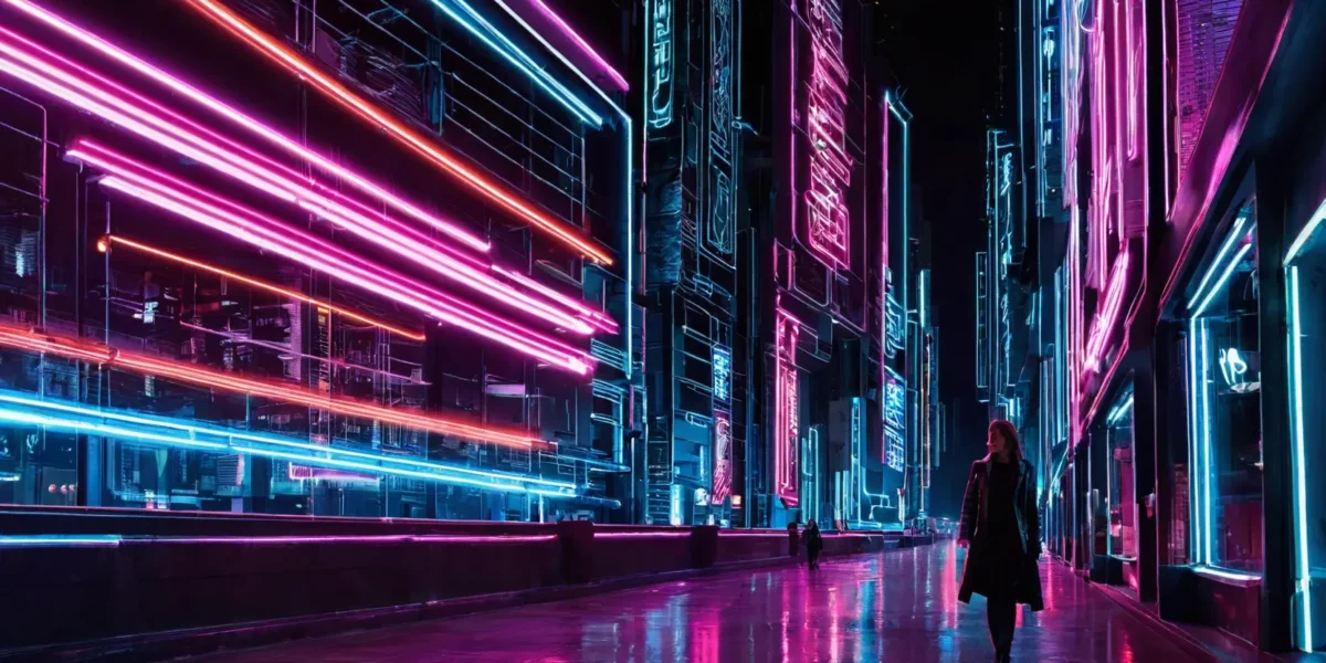 In una strada urbana futuristica illuminata da linee neon rosa e azzurre, una donna cammina tra grattacieli riflettenti sotto il cielo notturno.