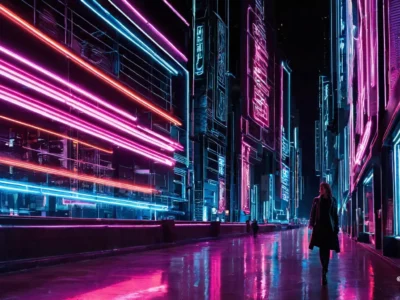 In una strada urbana futuristica illuminata da linee neon rosa e azzurre, una donna cammina tra grattacieli riflettenti sotto il cielo notturno.