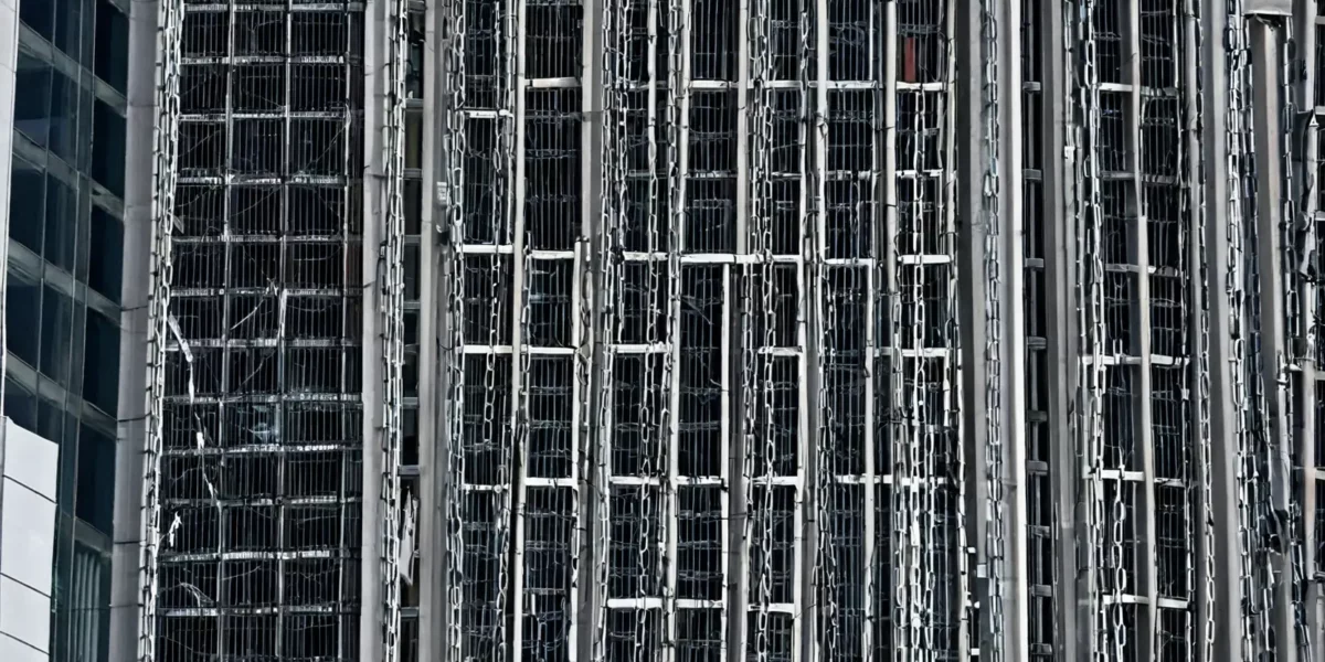 Una facciata moderna è coperta da fitte griglie metalliche verticali, con finestre scure e riflessi che creano un effetto geometrico.