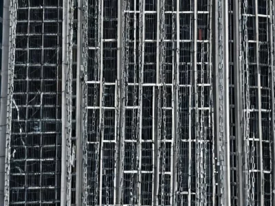 Una facciata moderna è coperta da fitte griglie metalliche verticali, con finestre scure e riflessi che creano un effetto geometrico.