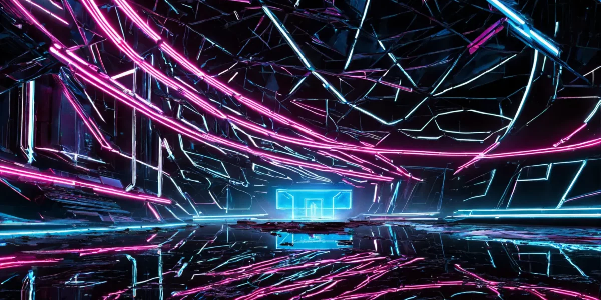 Un tunnel astratto di linee neon rosa e blu elettrico attraversa uno spazio nero, con riflessi luminosi e una struttura geometrica frammentata.
