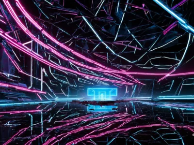 Un tunnel astratto di linee neon rosa e blu elettrico attraversa uno spazio nero, con riflessi luminosi e una struttura geometrica frammentata.