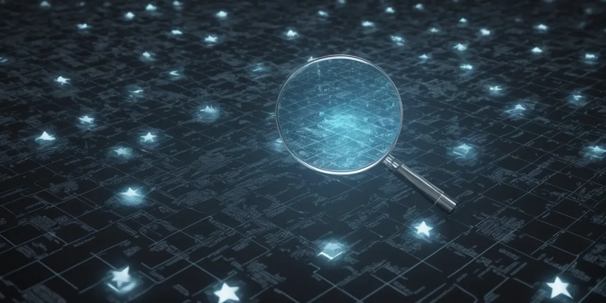 Una lente d'ingrandimento illumina una griglia digitale scura punteggiata di stelle, con un watermark Scudo231 nell'angolo in basso a destra.