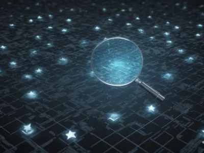 Una lente d'ingrandimento illumina una griglia digitale scura punteggiata di stelle, con un watermark Scudo231 nell'angolo in basso a destra.