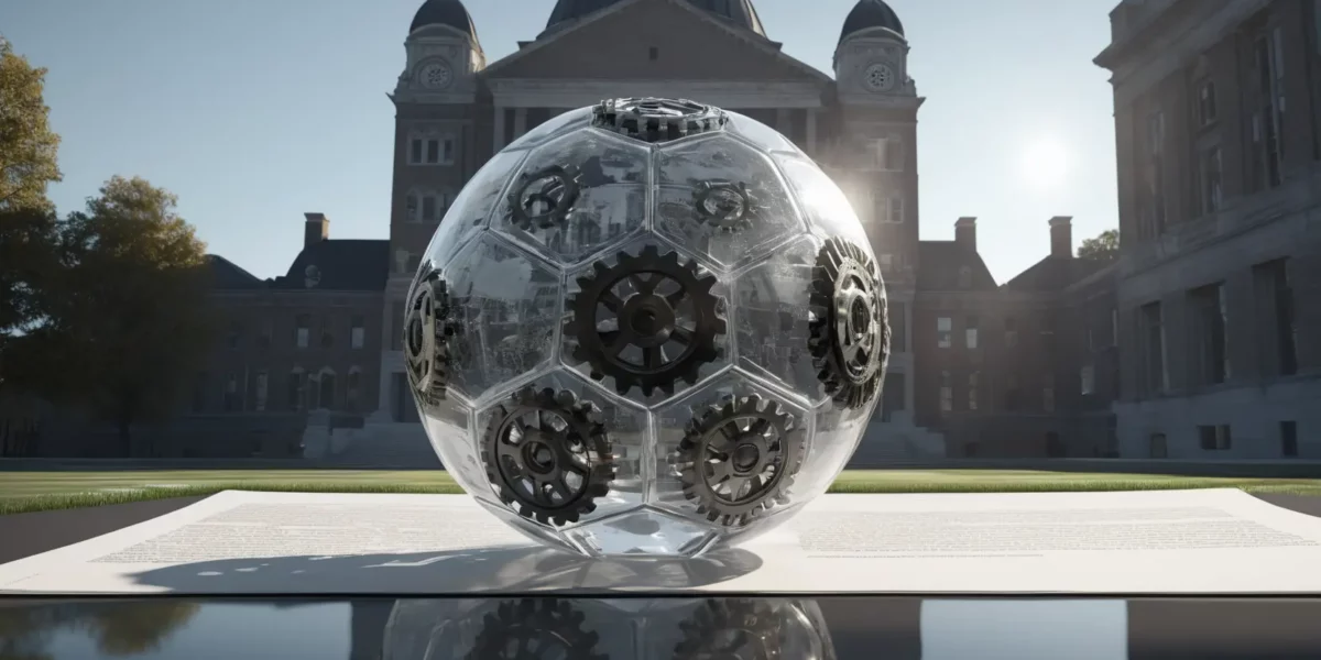 Una sfera trasparente con ingranaggi metallici poggia davanti a un edificio classico con cupola, riflettendosi nell'acqua in primo piano.
