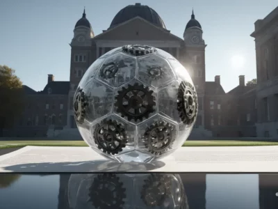 Una sfera trasparente con ingranaggi metallici poggia davanti a un edificio classico con cupola, riflettendosi nell'acqua in primo piano.