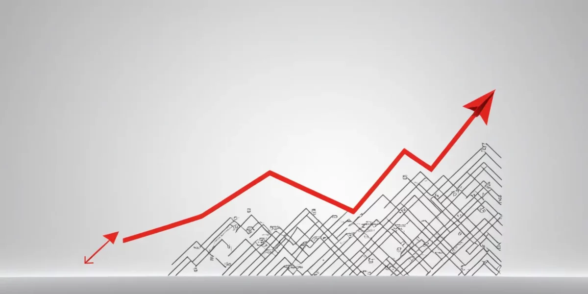 Una freccia rossa sale sopra linee di grafico grigie su sfondo chiaro, evocando un andamento economico o finanziario in crescita costante.