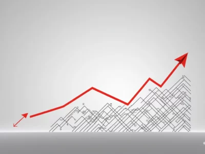 Una freccia rossa sale sopra linee di grafico grigie su sfondo chiaro, evocando un andamento economico o finanziario in crescita costante.