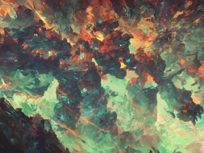 Composizione astratta con masse scure e bagliori turchesi e arancioni che si intrecciano in una forma caotica e luminosa.