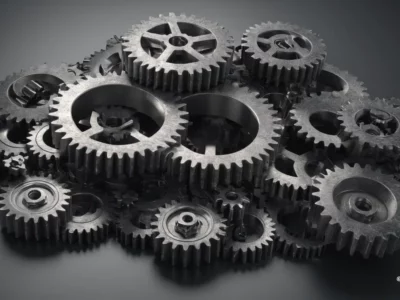 Una composizione di ingranaggi metallici grigio scuro sovrapposti crea un intreccio meccanico su sfondo neutro.