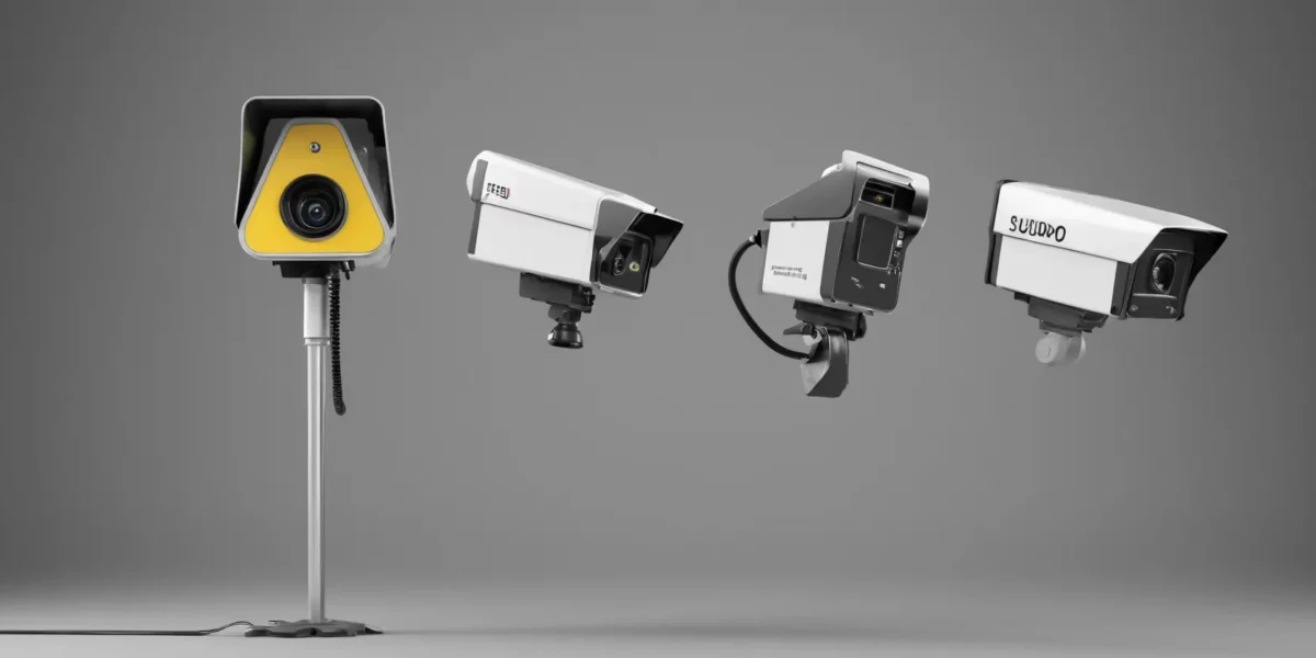 Quattro telecamere di sorveglianza Scudo231 sono allineate su sfondo grigio, con un modello montato su palo.