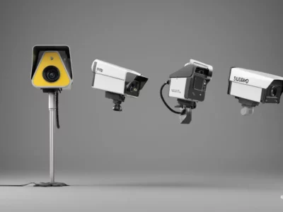 Quattro telecamere di sorveglianza Scudo231 sono allineate su sfondo grigio, con un modello montato su palo.