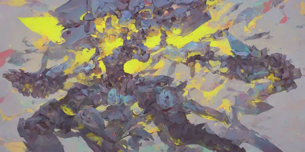 Composizione astratta con forme frammentate viola e grigie attraversate da ampie pennellate giallo acceso.