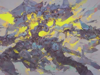 Composizione astratta con forme frammentate viola e grigie attraversate da ampie pennellate giallo acceso.