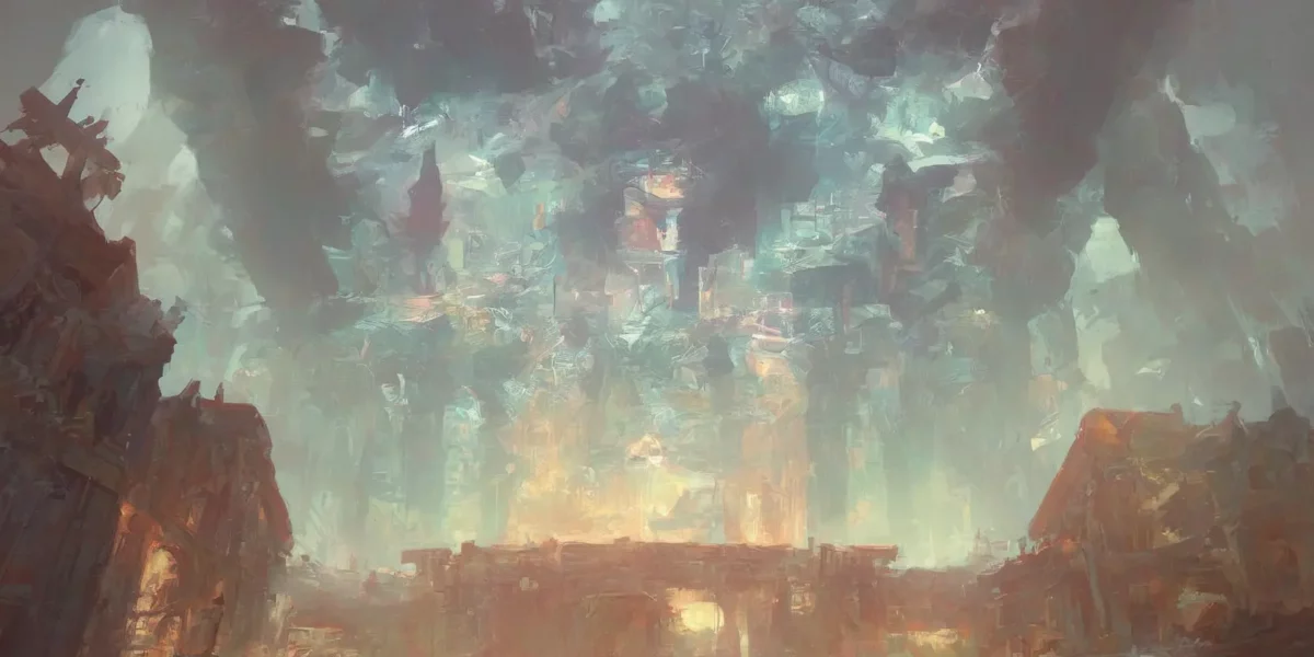 Un paesaggio urbano fantastico emerge tra nubi luminose, con edifici scuri ai lati e una luce dorata al centro della scena.