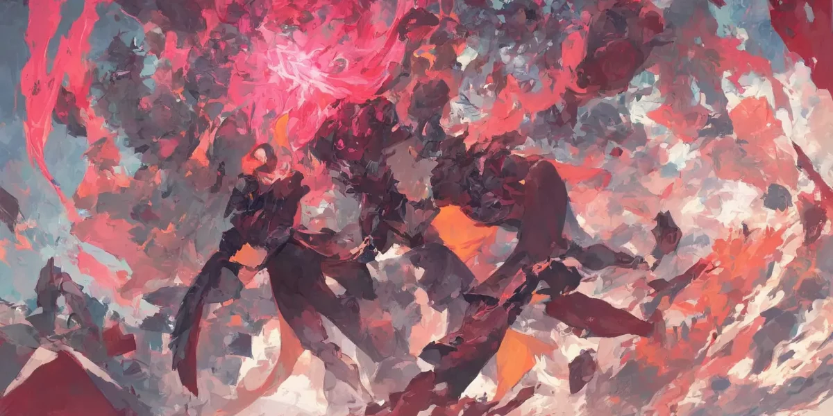 Composizione astratta con pennellate rosa, magenta e grigio che si intrecciano con tocchi bianchi e arancioni.