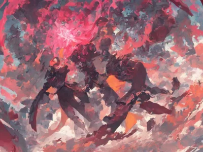 Composizione astratta con pennellate rosa, magenta e grigio che si intrecciano con tocchi bianchi e arancioni.