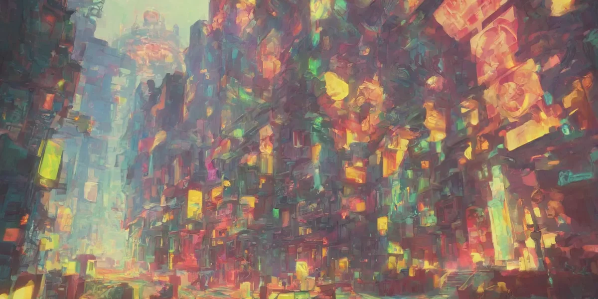 Paesaggio urbano futuristico astratto con edifici illuminati da colori vivaci, tra toni rosa, gialli, verdi e azzurri.