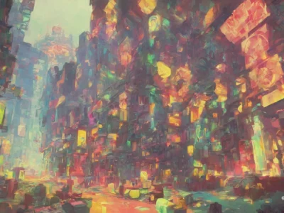 Paesaggio urbano futuristico astratto con edifici illuminati da colori vivaci, tra toni rosa, gialli, verdi e azzurri.