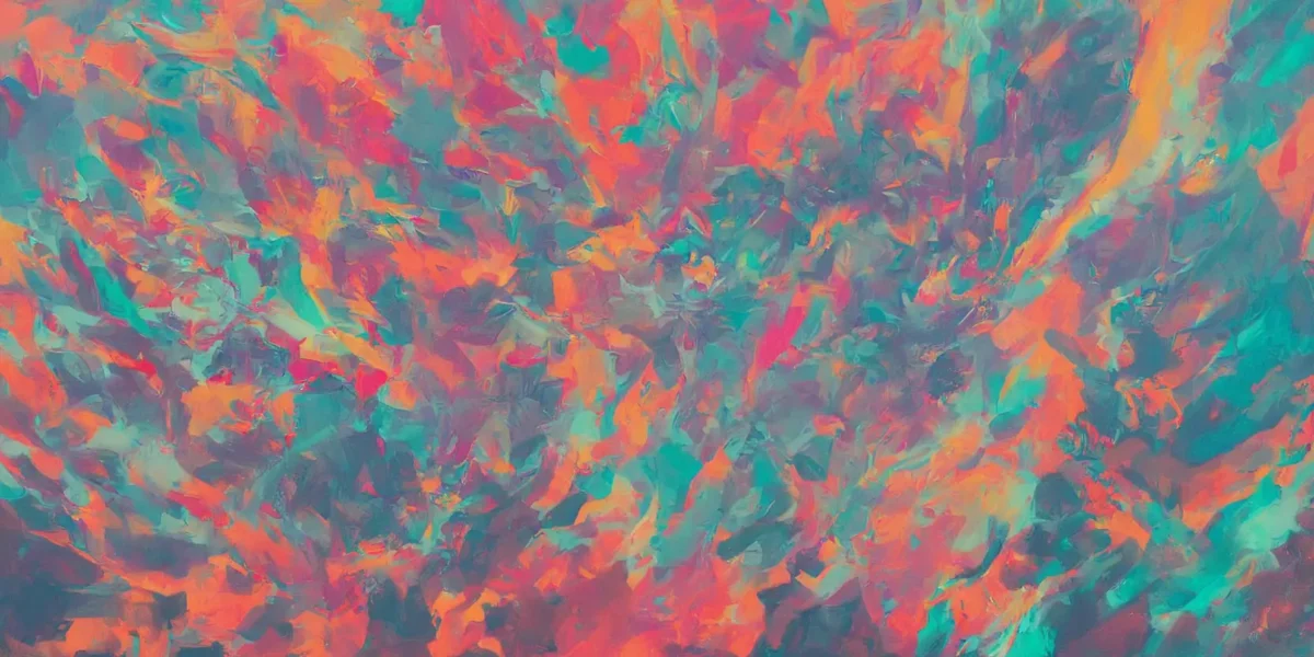 Una trama astratta di pennellate turchesi, corallo, rosa e arancio crea un fondo vivace e dinamico.