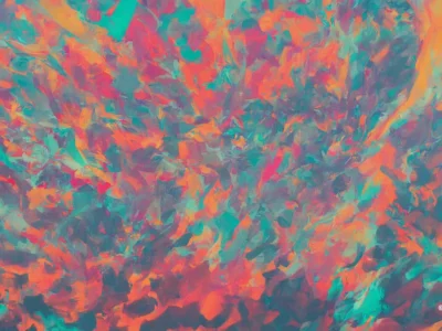 Una trama astratta di pennellate turchesi, corallo, rosa e arancio crea un fondo vivace e dinamico.