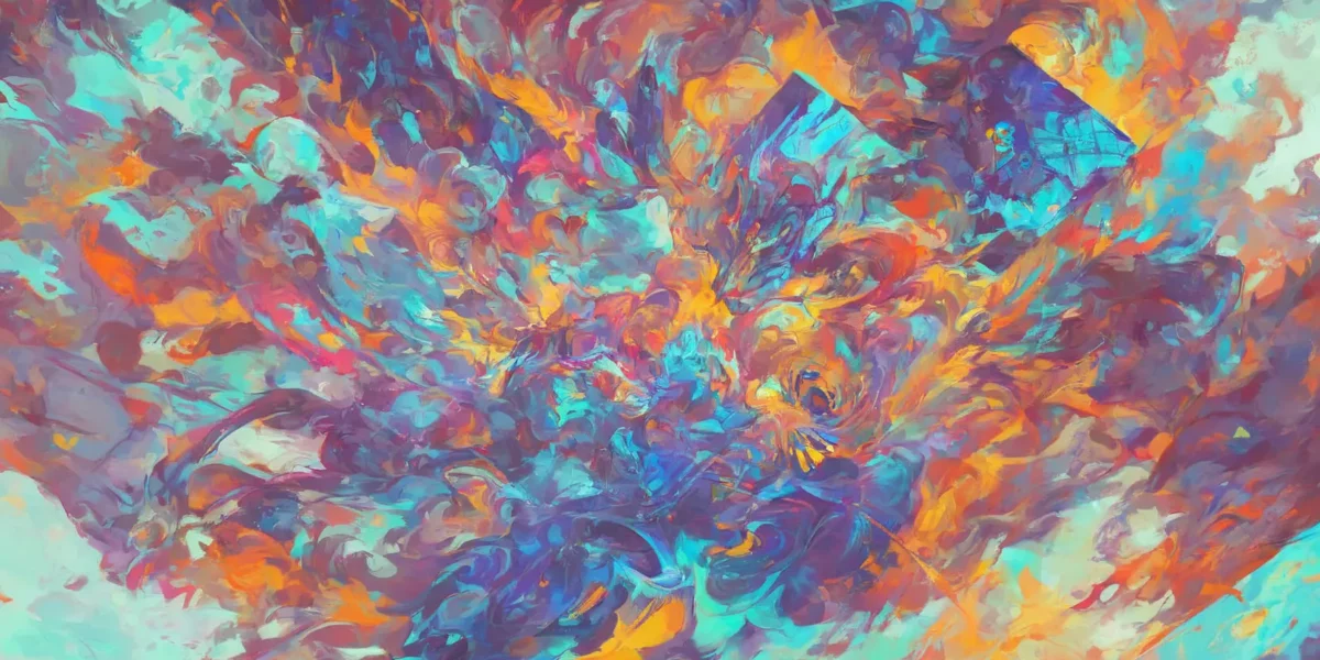 Composizione astratta con vortici di blu, turchese, arancione e viola che si intrecciano in forme fluide e vivaci.
