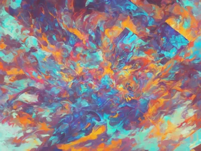 Composizione astratta con vortici di blu, turchese, arancione e viola che si intrecciano in forme fluide e vivaci.