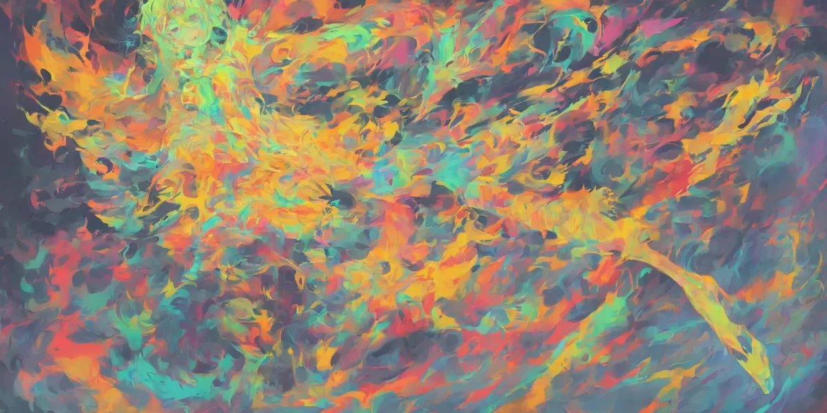Composizione astratta con pennellate vivaci in giallo, arancione, turchese e rosa che si intrecciano su uno sfondo scuro.