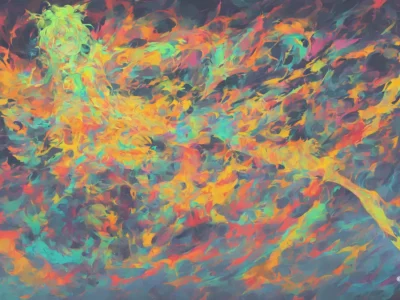 Composizione astratta con pennellate vivaci in giallo, arancione, turchese e rosa che si intrecciano su uno sfondo scuro.