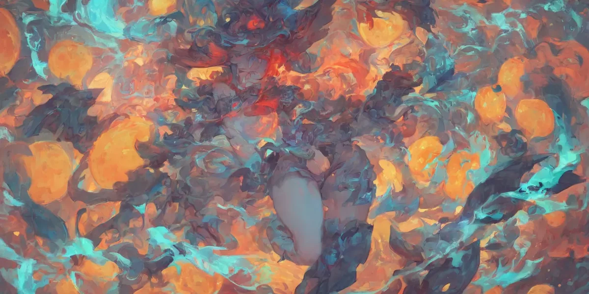 Composizione astratta con vortici arancioni, turchesi e viola che si mescolano in un intreccio fluido e intenso.