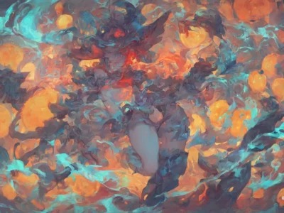Composizione astratta con vortici arancioni, turchesi e viola che si mescolano in un intreccio fluido e intenso.