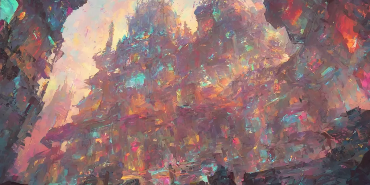 Una città fantastica dipinta con pennellate materiche, tra torri illuminate e sfumature multicolori in una luce calda.
