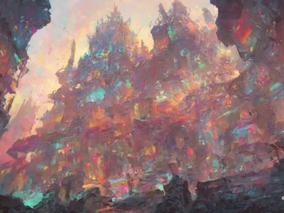 Una città fantastica dipinta con pennellate materiche, tra torri illuminate e sfumature multicolori in una luce calda.