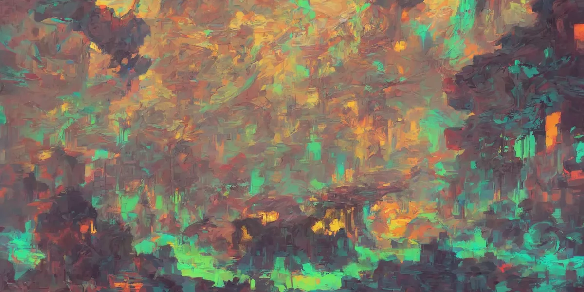 Composizione astratta con pennellate dense in rosso, turchese, verde e arancione su una superficie materica e frammentata.