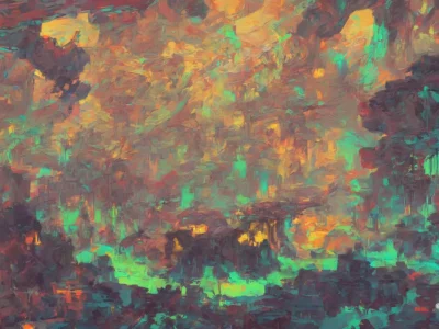 Composizione astratta con pennellate dense in rosso, turchese, verde e arancione su una superficie materica e frammentata.