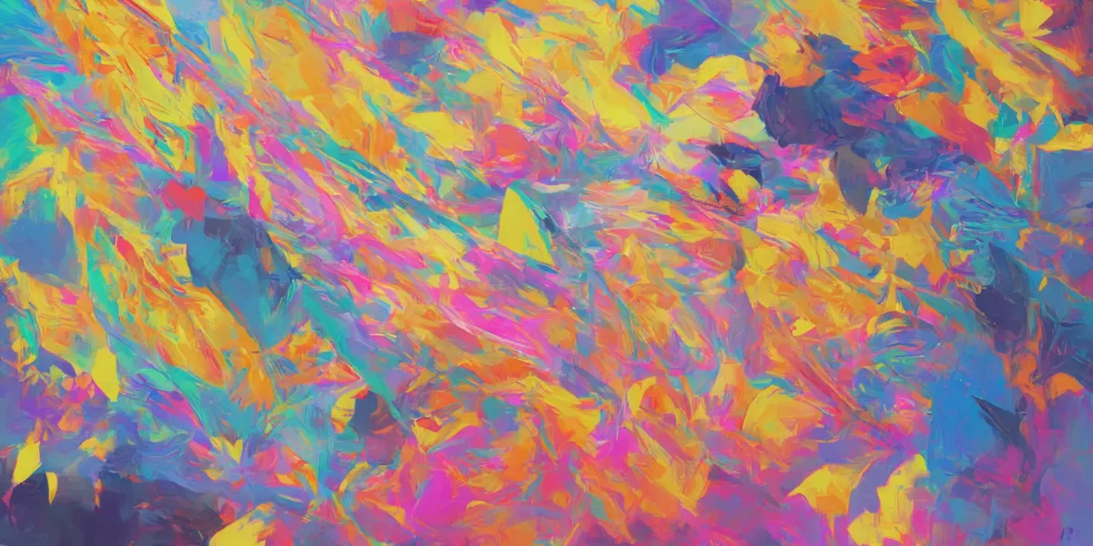 Striature astratte in toni vivaci di giallo, rosa, turchese e viola si intrecciano in una composizione energetica e dinamica.