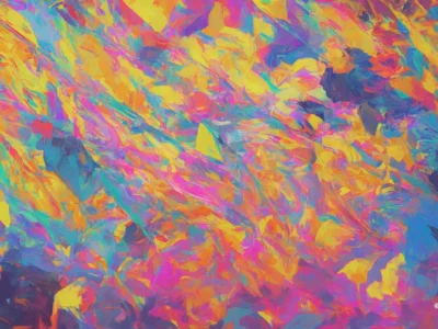 Striature astratte in toni vivaci di giallo, rosa, turchese e viola si intrecciano in una composizione energetica e dinamica.