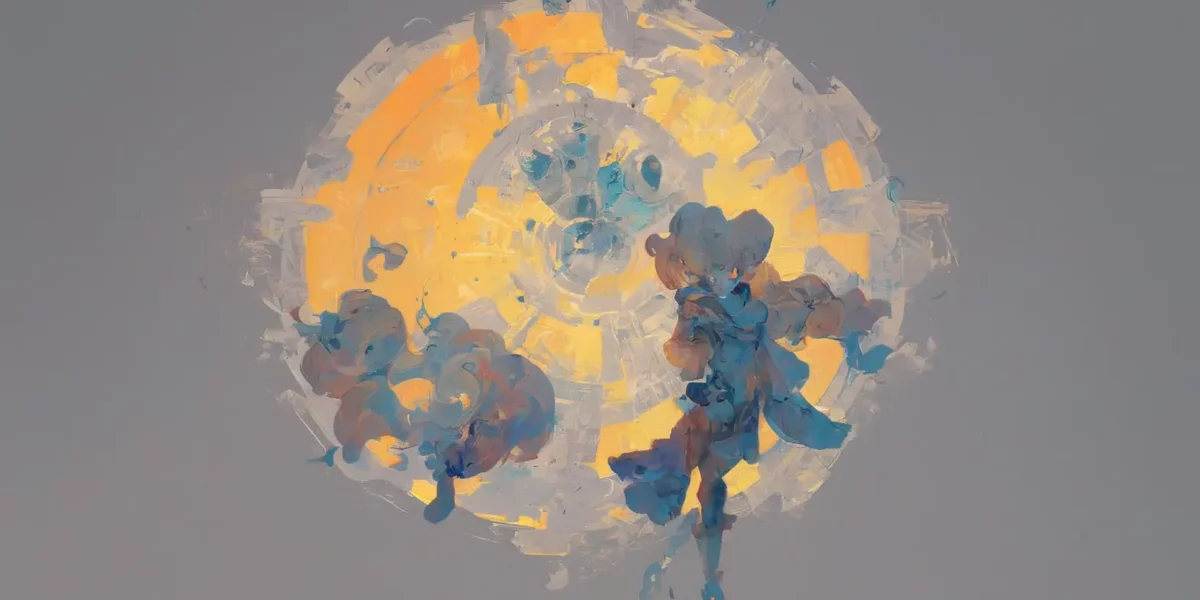 Composizione astratta con un grande cerchio giallo e sfumature grigie, attraversato da forme blu e pennellate morbide.