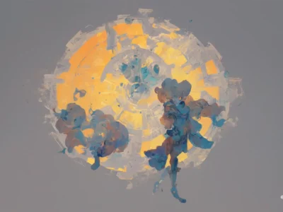 Composizione astratta con un grande cerchio giallo e sfumature grigie, attraversato da forme blu e pennellate morbide.
