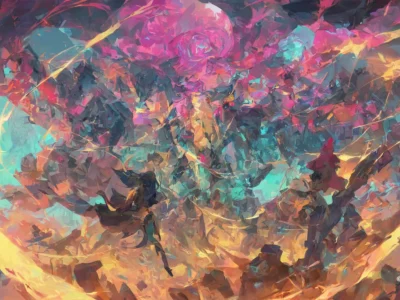 Scena astratta e dinamica con figure impegnate in uno scontro tra vortici di energia turchese, rosa, arancio e oro