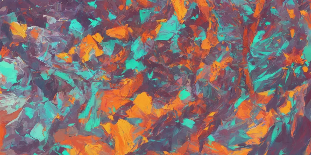 Composizione astratta dai toni arancioni e turchesi, con pennellate materiche intrecciate in un dinamico vortice cromatico.