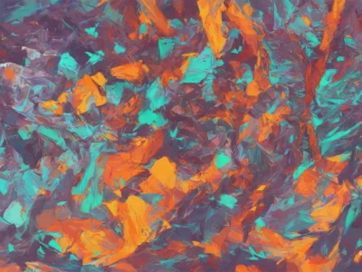 Composizione astratta dai toni arancioni e turchesi, con pennellate materiche intrecciate in un dinamico vortice cromatico.