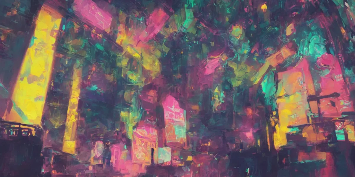Illustrazione astratta di una città notturna con insegne luminose e colori vivaci, legata al tema di Scudo231®.