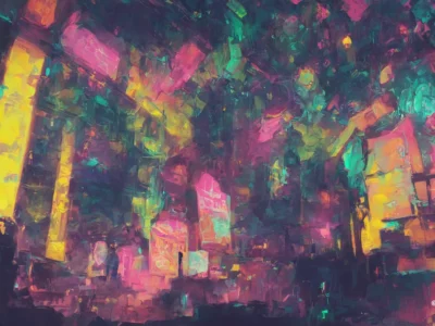 Illustrazione astratta di una città notturna con insegne luminose e colori vivaci, legata al tema di Scudo231®.