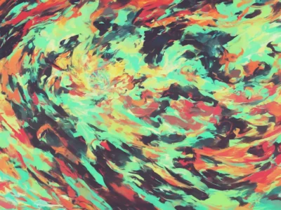 Composizione astratta con pennellate turchesi, rosse e nere che formano un vortice dinamico di energia visiva