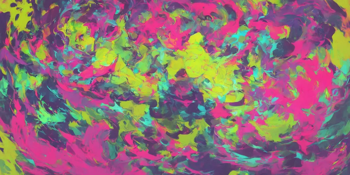 Astrazione pittorica con vortici di fucsia, verde lime, turchese e viola che si intrecciano in un movimento intenso.