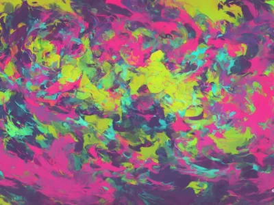 Astrazione pittorica con vortici di fucsia, verde lime, turchese e viola che si intrecciano in un movimento intenso.