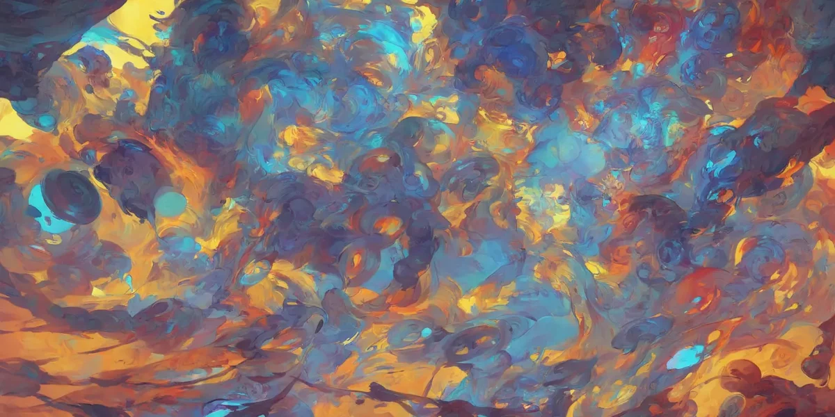 Composizione astratta con vortici di blu, arancione e giallo che si intrecciano in tratti pittorici fluidi e dinamici.
