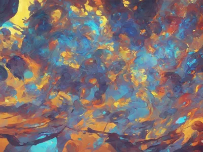 Composizione astratta con vortici di blu, arancione e giallo che si intrecciano in tratti pittorici fluidi e dinamici.